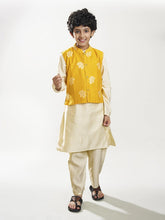 Boys off white kurta pajama with a  jacquard booti jacket